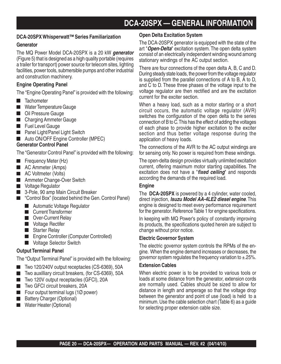 Dca-20spx — general information | Multiquip WHISPERWATT SERIES DCA-20SPX User Manual | Page 20 / 84