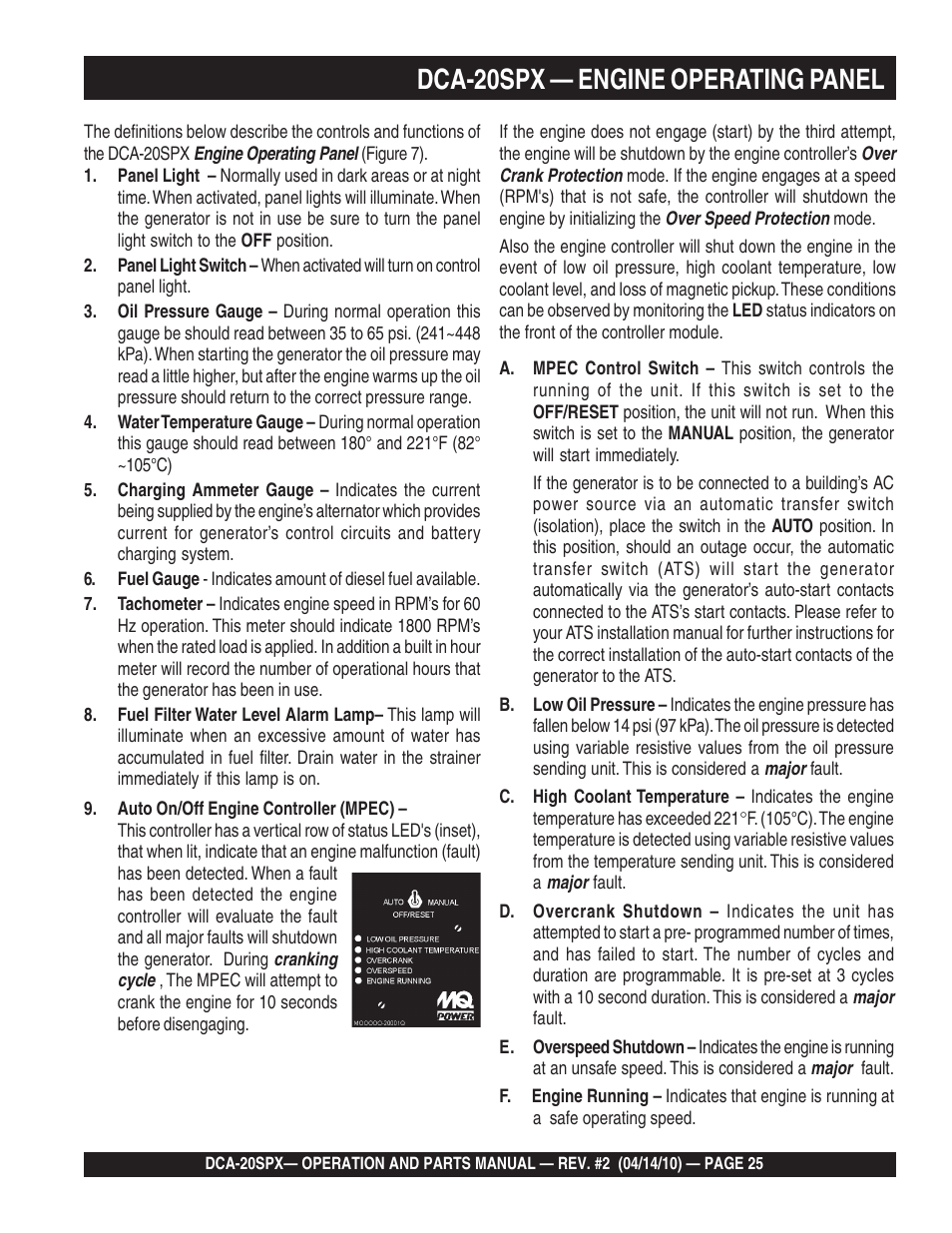 1dca-20spx — engine operating panel | Multiquip WHISPERWATT SERIES DCA-20SPX User Manual | Page 25 / 84