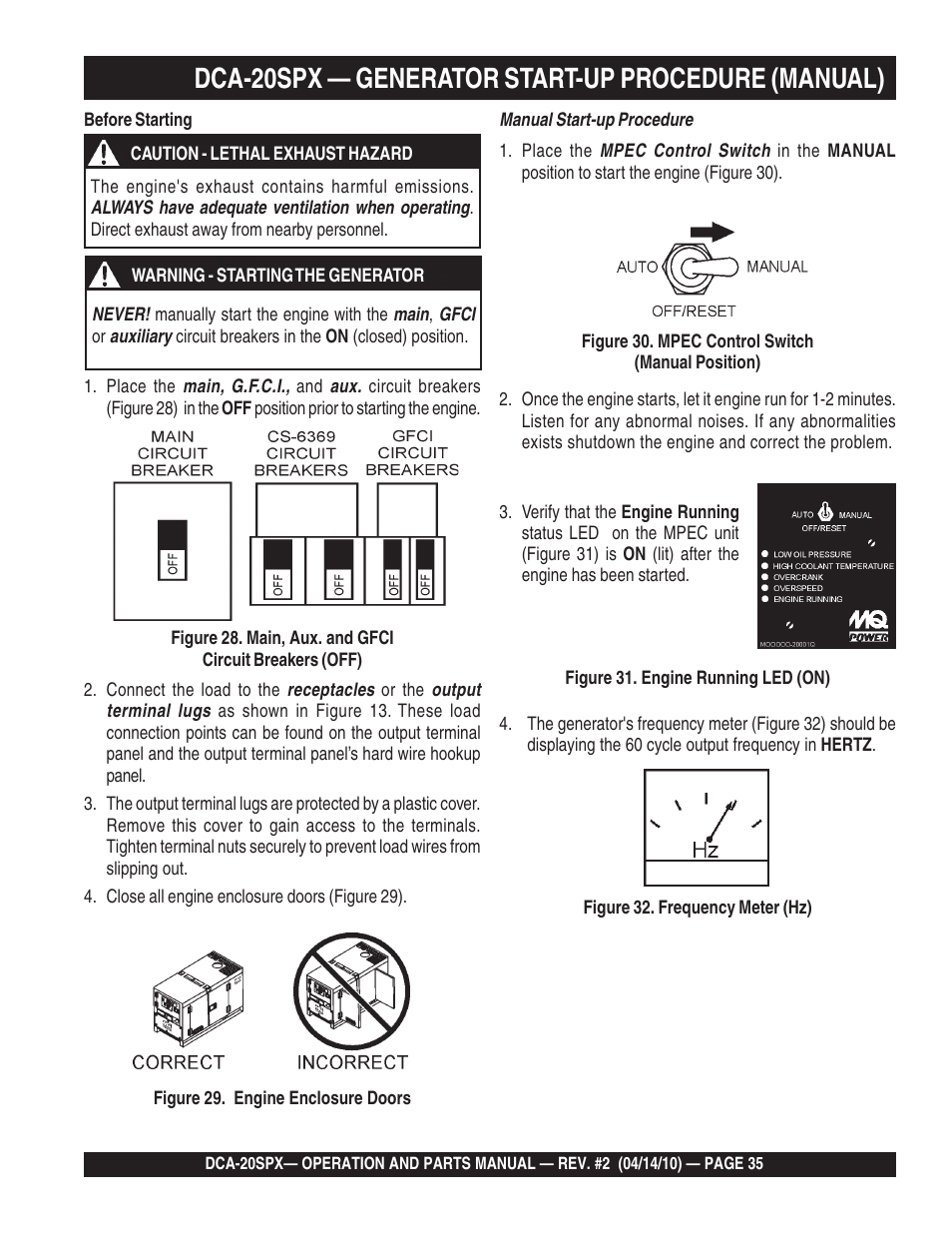 Dca-20spx — generator start-up procedure (manual) | Multiquip WHISPERWATT SERIES DCA-20SPX User Manual | Page 35 / 84