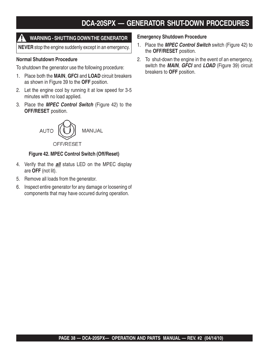 Dca-20spx — generator shut-down procedures | Multiquip WHISPERWATT SERIES DCA-20SPX User Manual | Page 38 / 84