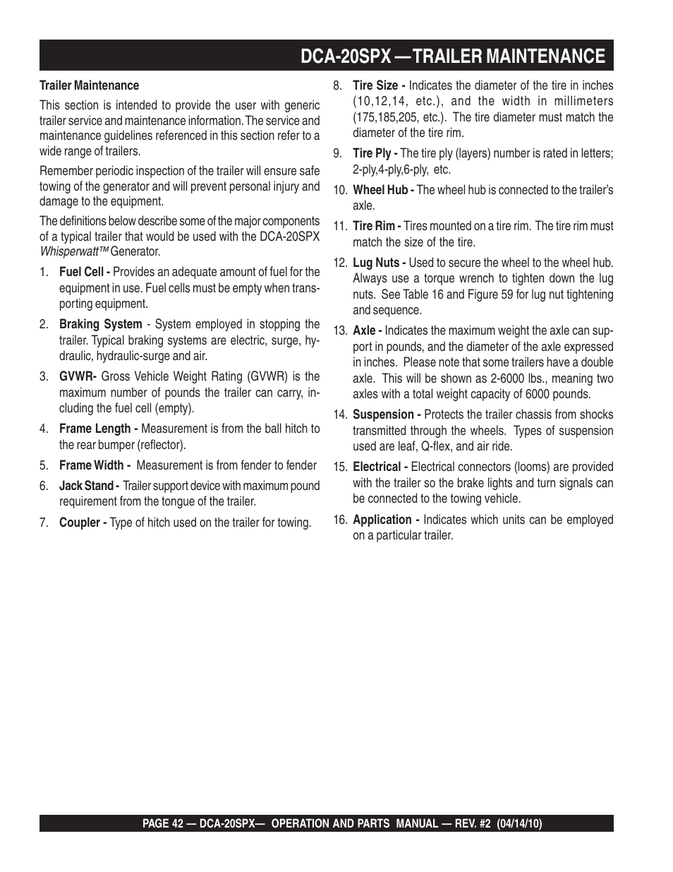 Dca-20spx — trailer maintenance | Multiquip WHISPERWATT SERIES DCA-20SPX User Manual | Page 42 / 84