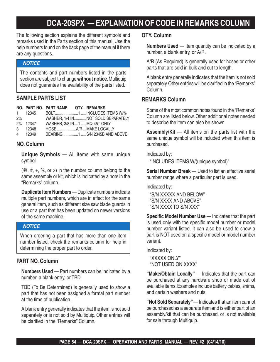 Dca-20spx — explanation of code in remarks column | Multiquip WHISPERWATT SERIES DCA-20SPX User Manual | Page 54 / 84