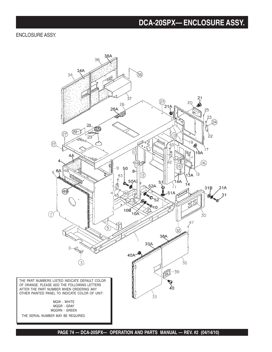 Dca-20spx— enclosure assy | Multiquip WHISPERWATT SERIES DCA-20SPX User Manual | Page 74 / 84