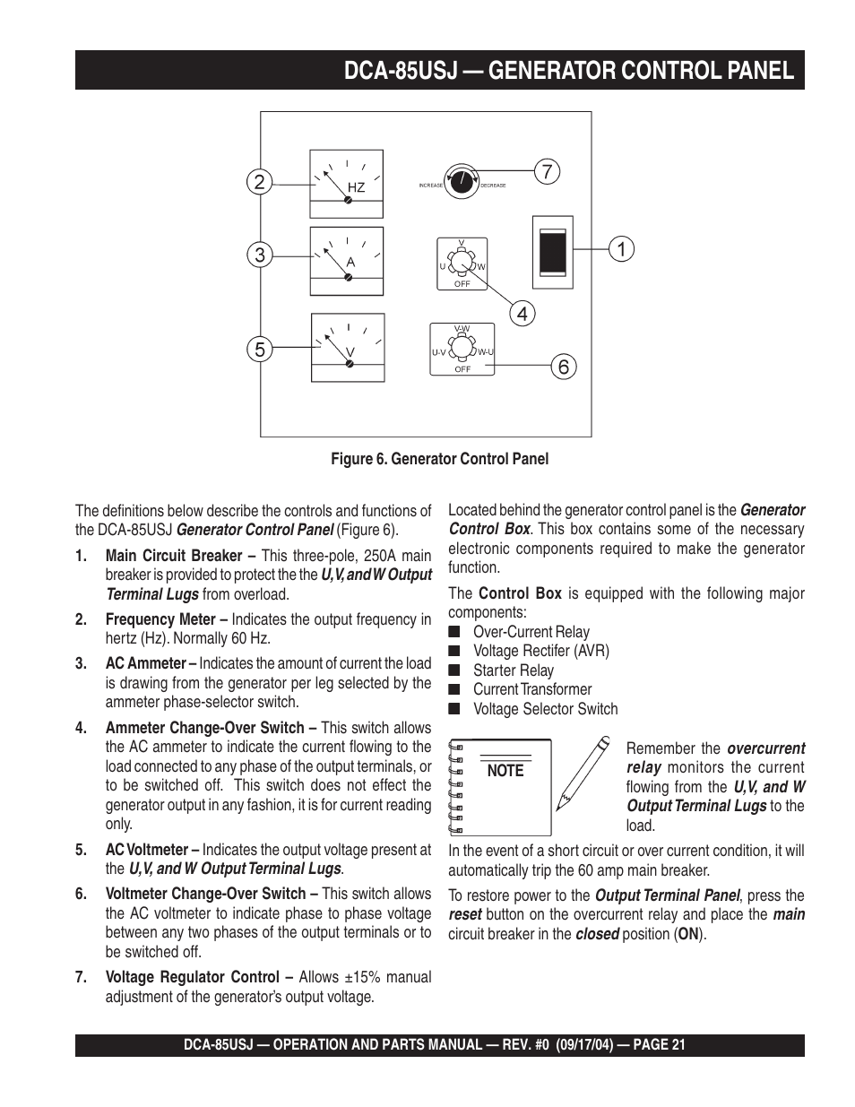 1dca-85usj — generator control panel | Multiquip MQ POWER ULTRA-SILENTTM SERIES GENERATOR DCA-85USJ User Manual | Page 21 / 90