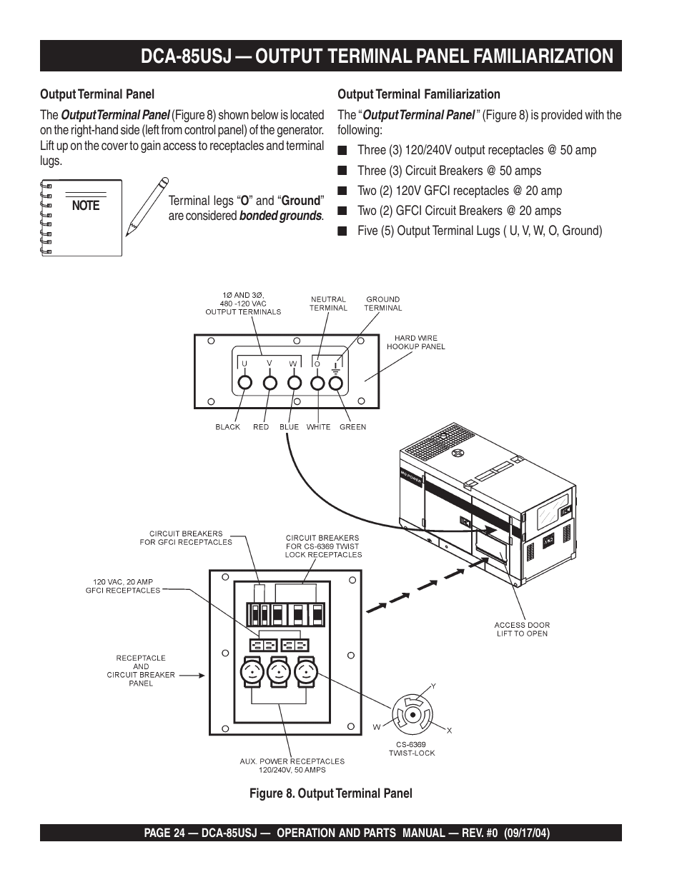Dca-85usj — output terminal panel familiarization | Multiquip MQ POWER ULTRA-SILENTTM SERIES GENERATOR DCA-85USJ User Manual | Page 24 / 90