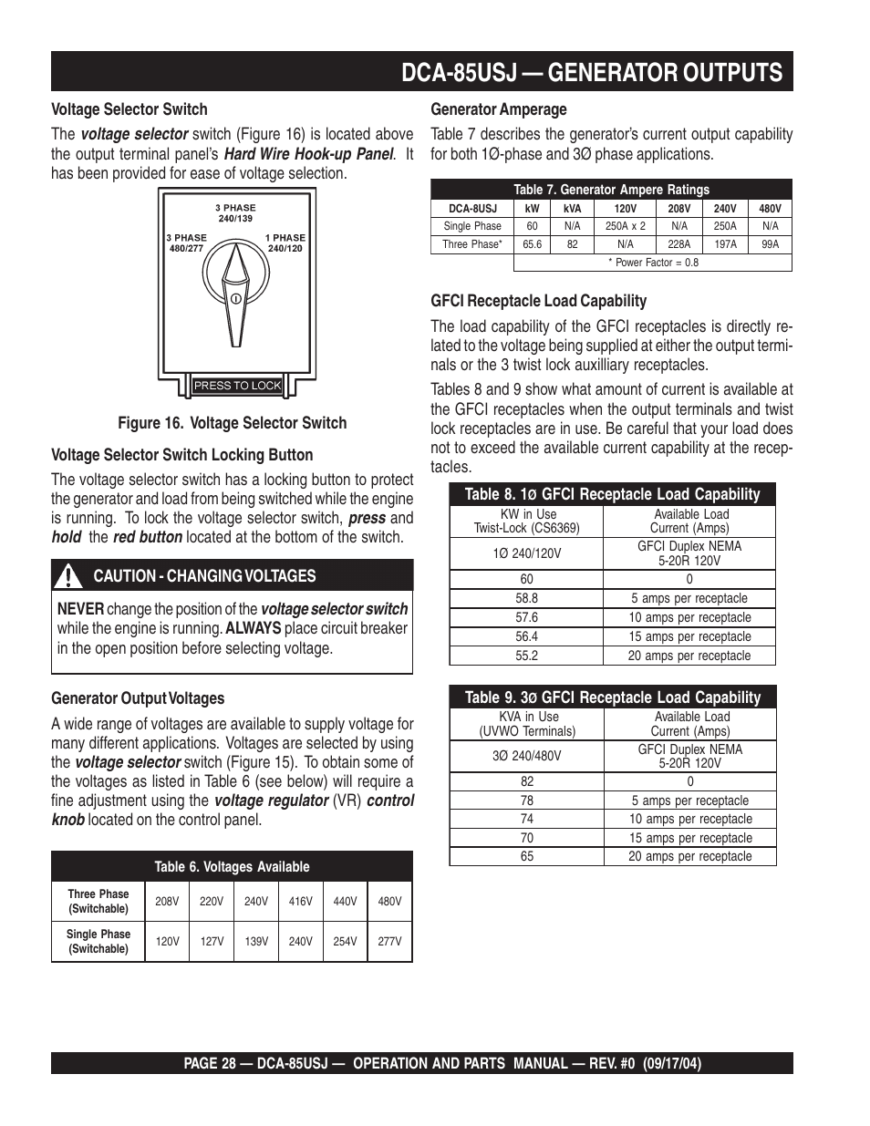 Dca-85usj — generator outputs | Multiquip MQ POWER ULTRA-SILENTTM SERIES GENERATOR DCA-85USJ User Manual | Page 28 / 90