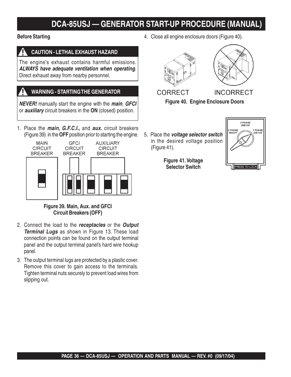 Dca-85usj — generator start-up procedure (manual) | Multiquip MQ POWER ULTRA-SILENTTM SERIES GENERATOR DCA-85USJ User Manual | Page 36 / 90