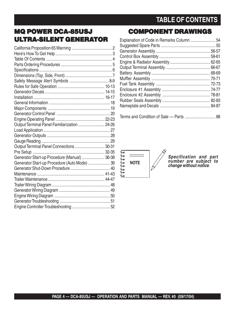 Multiquip MQ POWER ULTRA-SILENTTM SERIES GENERATOR DCA-85USJ User Manual | Page 4 / 90