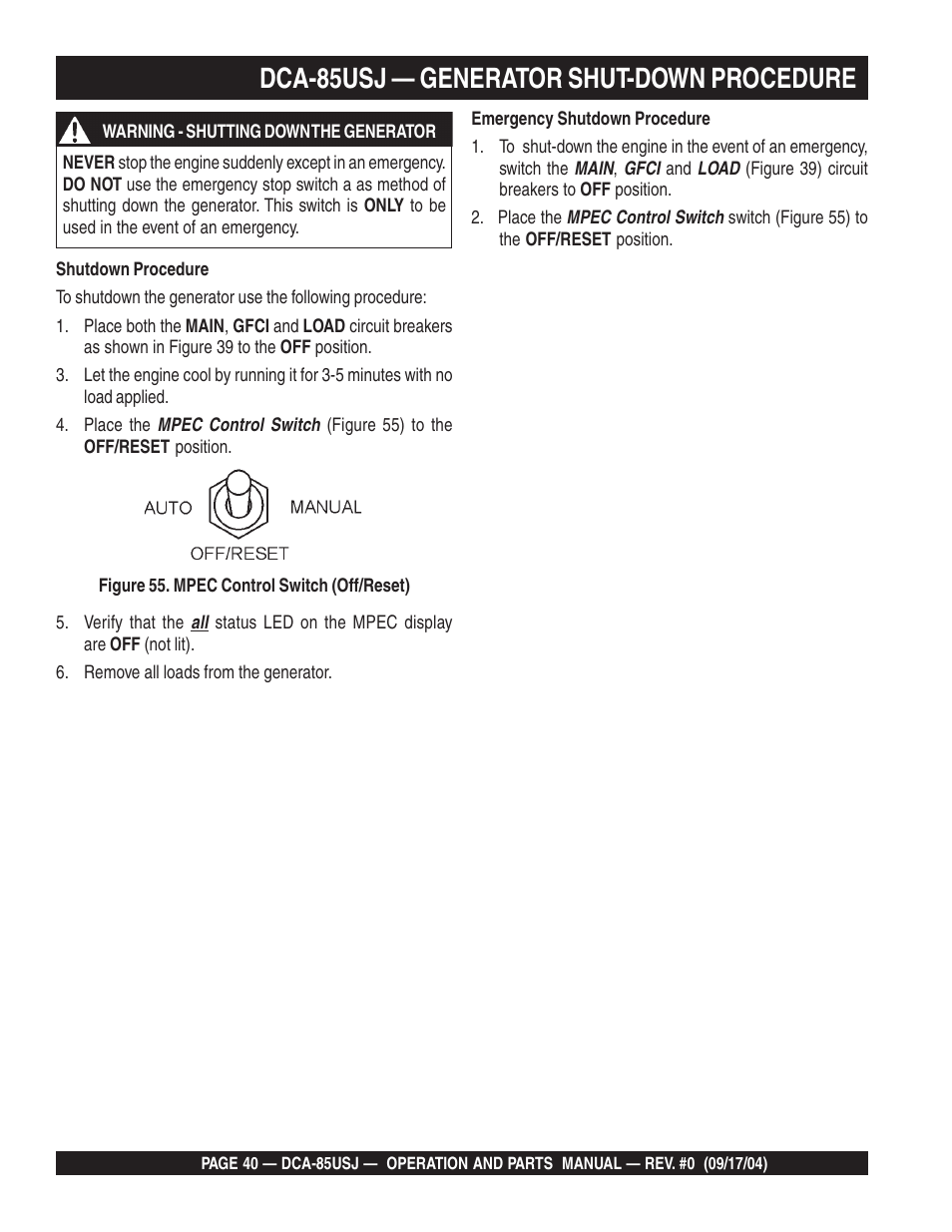 Dca-85usj — generator shut-down procedure | Multiquip MQ POWER ULTRA-SILENTTM SERIES GENERATOR DCA-85USJ User Manual | Page 40 / 90