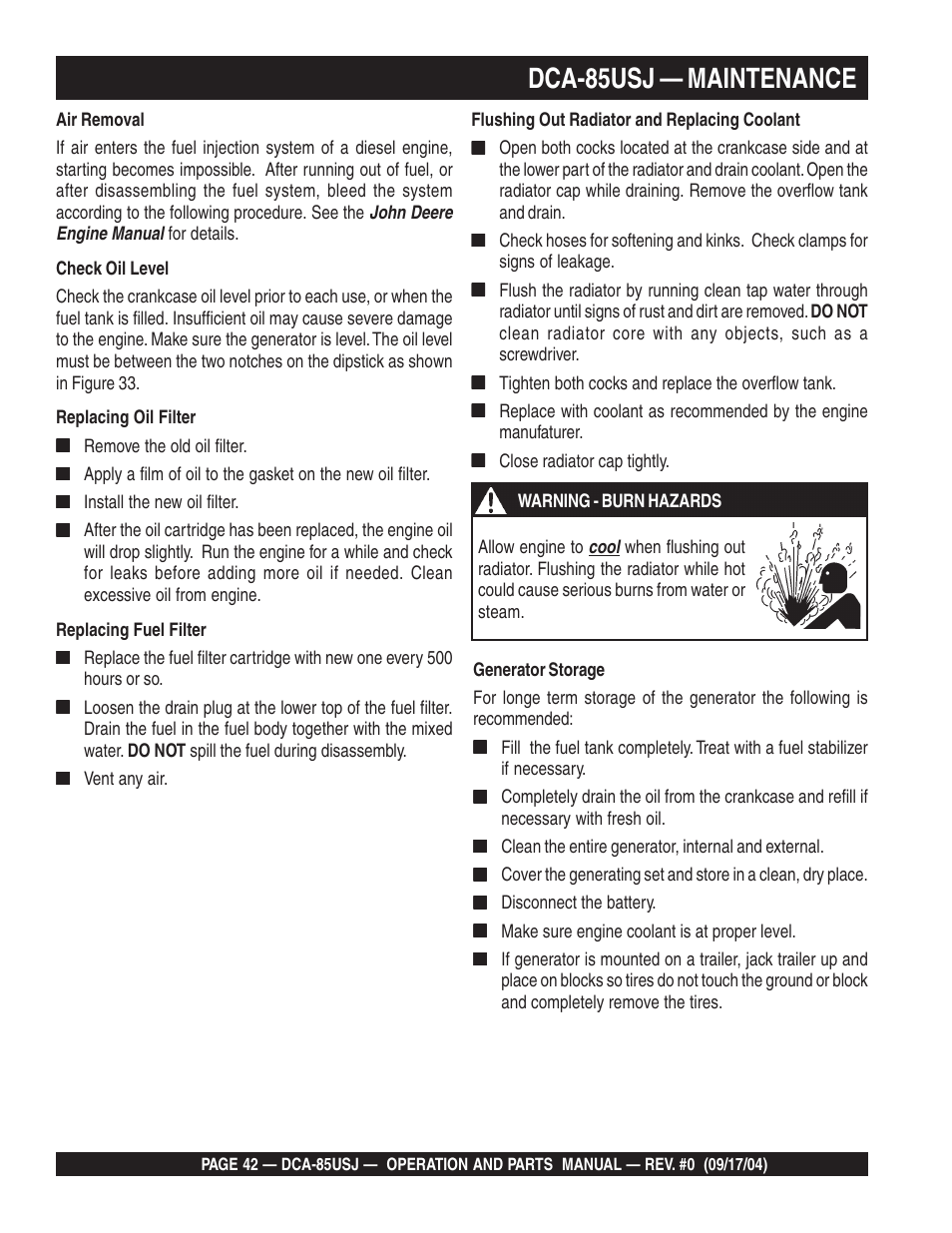 Dca-85usj — maintenance | Multiquip MQ POWER ULTRA-SILENTTM SERIES GENERATOR DCA-85USJ User Manual | Page 42 / 90
