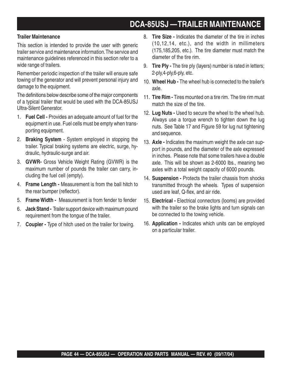 Dca-85usj — trailer maintenance | Multiquip MQ POWER ULTRA-SILENTTM SERIES GENERATOR DCA-85USJ User Manual | Page 44 / 90