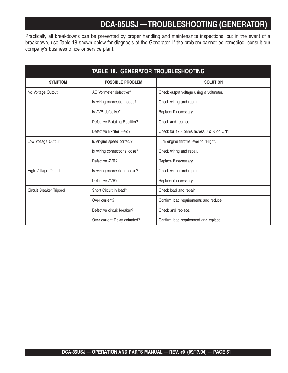 Dca-85usj — troubleshooting (generator) | Multiquip MQ POWER ULTRA-SILENTTM SERIES GENERATOR DCA-85USJ User Manual | Page 51 / 90