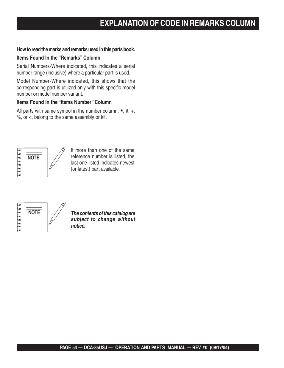 Explanation of code in remarks column | Multiquip MQ POWER ULTRA-SILENTTM SERIES GENERATOR DCA-85USJ User Manual | Page 54 / 90