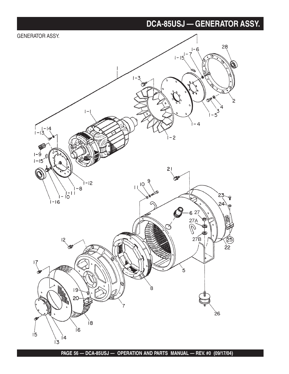 Dca-85usj — generator assy | Multiquip MQ POWER ULTRA-SILENTTM SERIES GENERATOR DCA-85USJ User Manual | Page 56 / 90