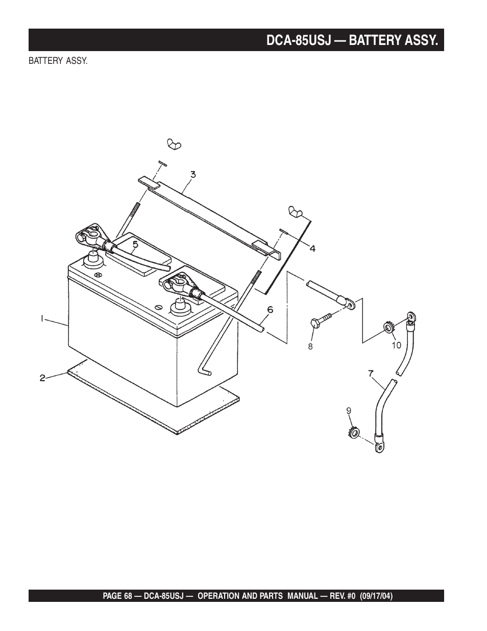 Dca-85usj — battery assy | Multiquip MQ POWER ULTRA-SILENTTM SERIES GENERATOR DCA-85USJ User Manual | Page 68 / 90