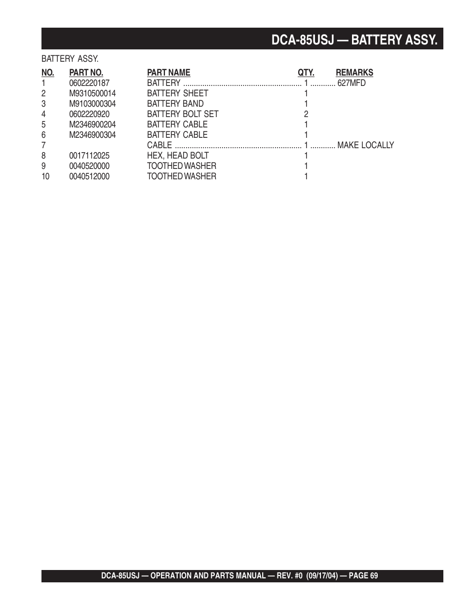 1dca-85usj — battery assy | Multiquip MQ POWER ULTRA-SILENTTM SERIES GENERATOR DCA-85USJ User Manual | Page 69 / 90