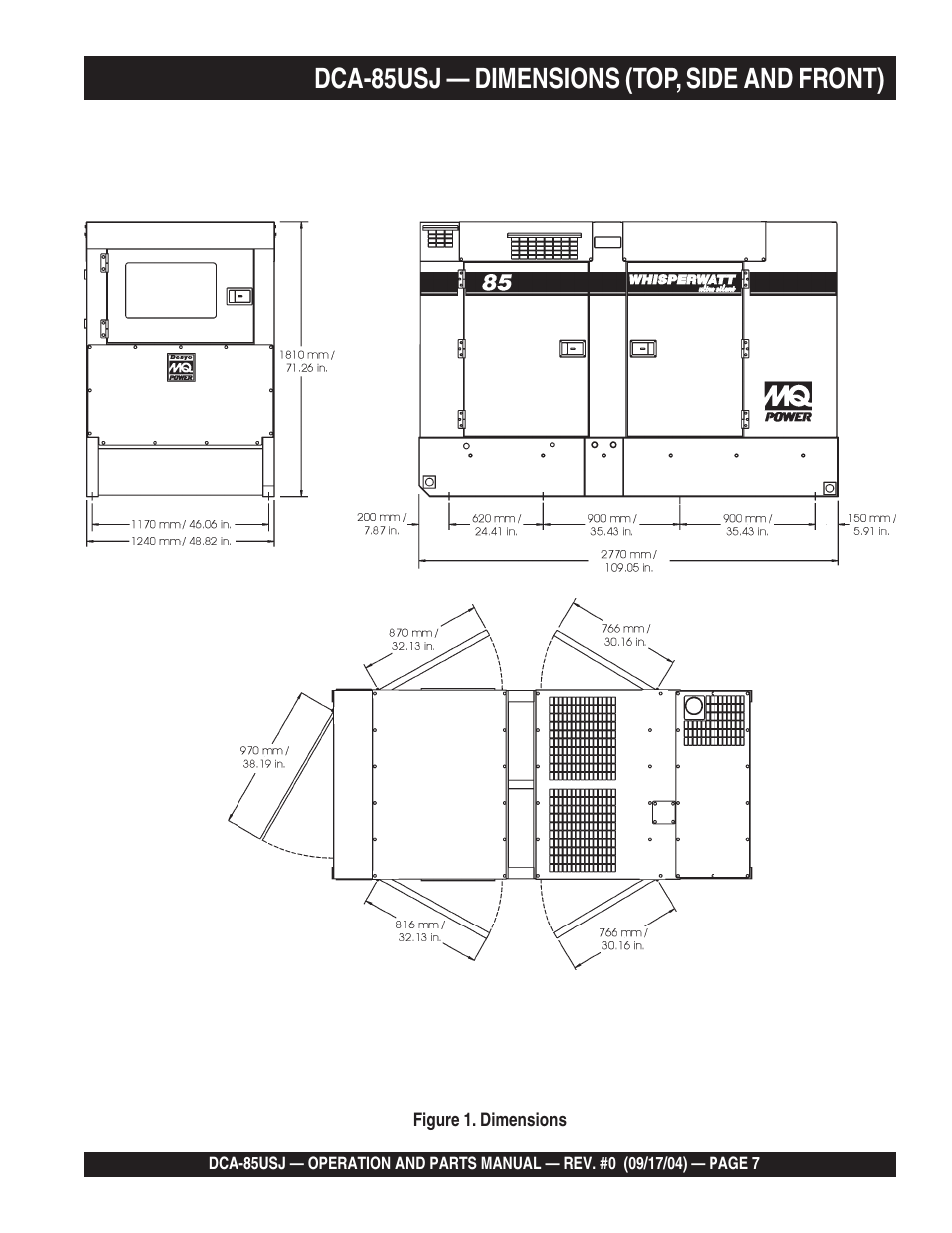 1dca-85usj — dimensions (top, side and front) | Multiquip MQ POWER ULTRA-SILENTTM SERIES GENERATOR DCA-85USJ User Manual | Page 7 / 90