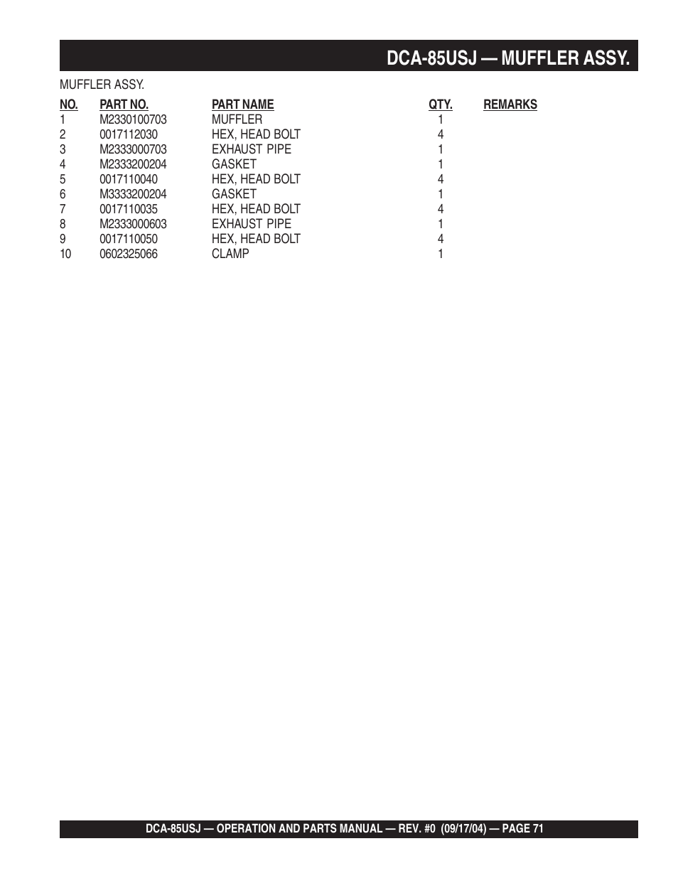 1dca-85usj — muffler assy | Multiquip MQ POWER ULTRA-SILENTTM SERIES GENERATOR DCA-85USJ User Manual | Page 71 / 90