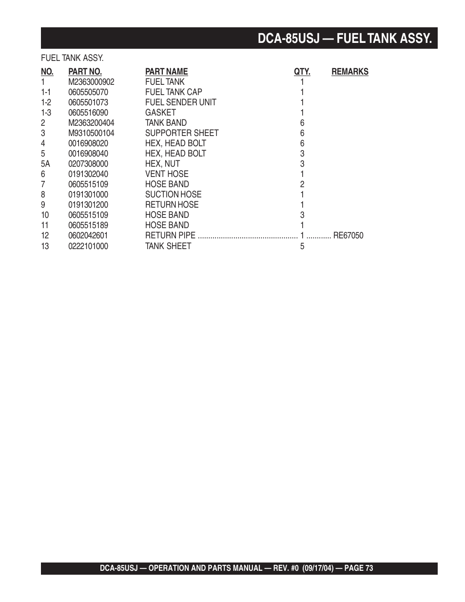1dca-85usj — fuel tank assy | Multiquip MQ POWER ULTRA-SILENTTM SERIES GENERATOR DCA-85USJ User Manual | Page 73 / 90