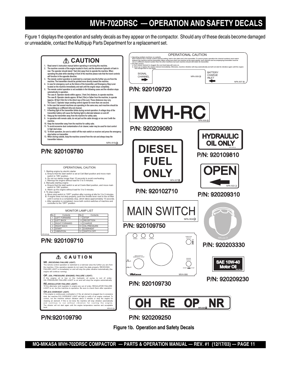 Mvh-rc, Oh re op nr, Open | Main switch, Diesel fuel only, Mvh-702drsc — operation and safety decals, Caution, Hydraulic oil only hydraulic oil only | Multiquip Mikasa Reversible Plate Compactor MVH-702DRSC User Manual | Page 11 / 58