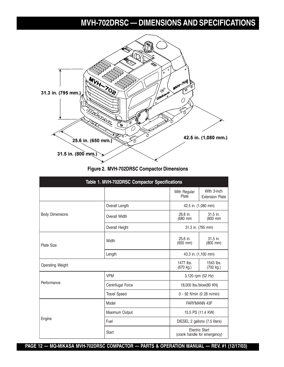 Mvh-702drsc — dimensions and specifications | Multiquip Mikasa Reversible Plate Compactor MVH-702DRSC User Manual | Page 12 / 58