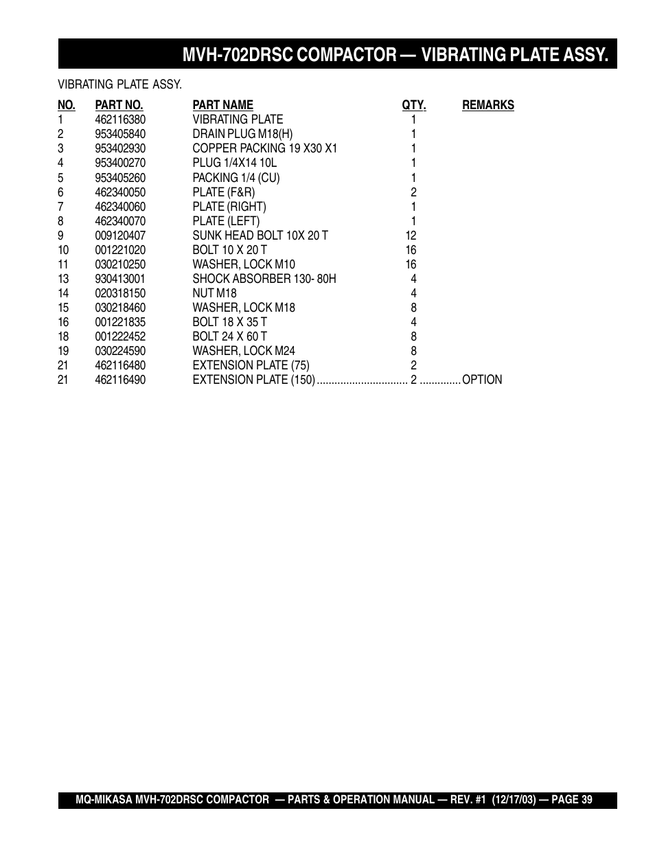 Mvh-702drsc compactor — vibrating plate assy | Multiquip Mikasa Reversible Plate Compactor MVH-702DRSC User Manual | Page 39 / 58