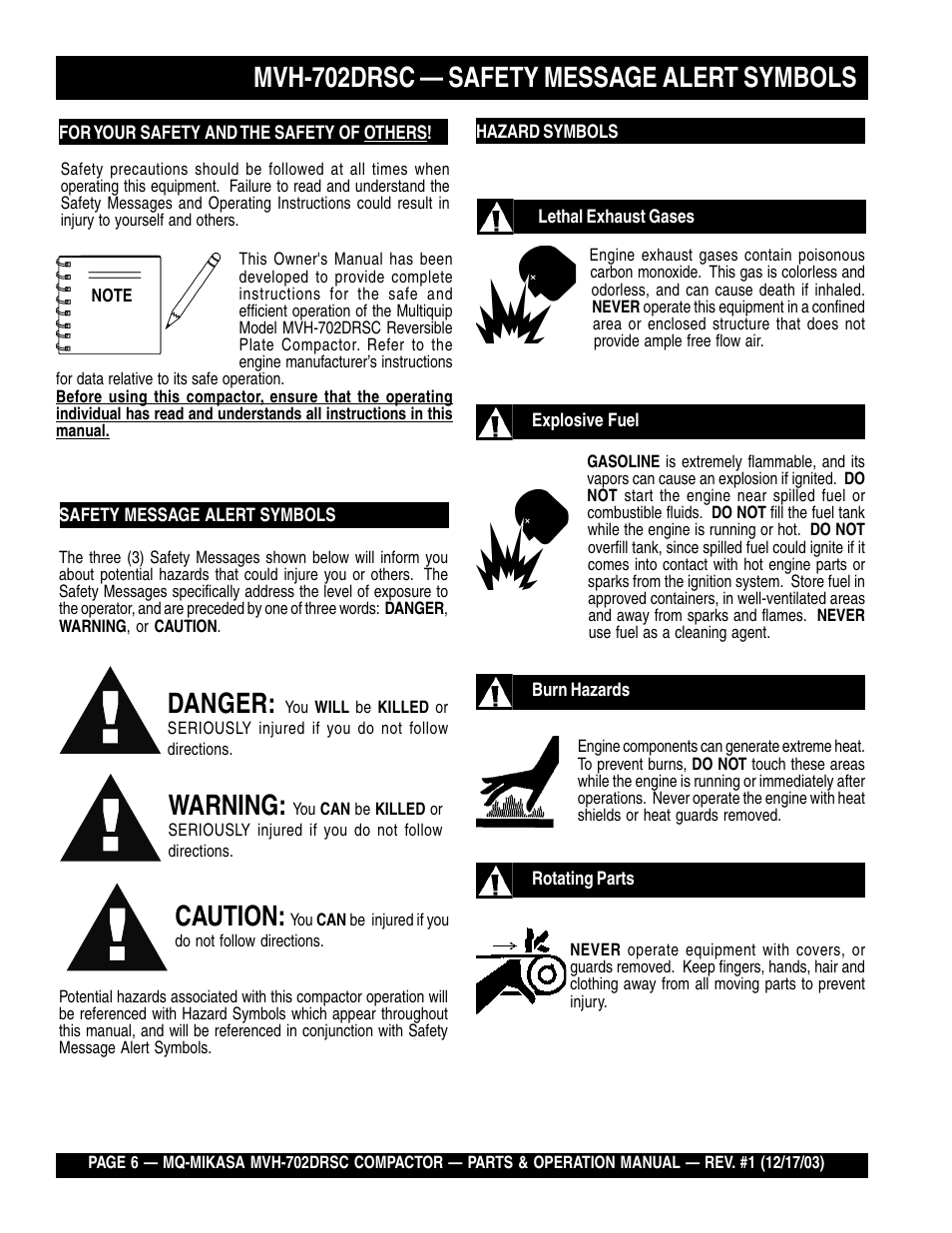 Mvh-702drsc — safety message alert symbols, Danger, Warning | Caution | Multiquip Mikasa Reversible Plate Compactor MVH-702DRSC User Manual | Page 6 / 58