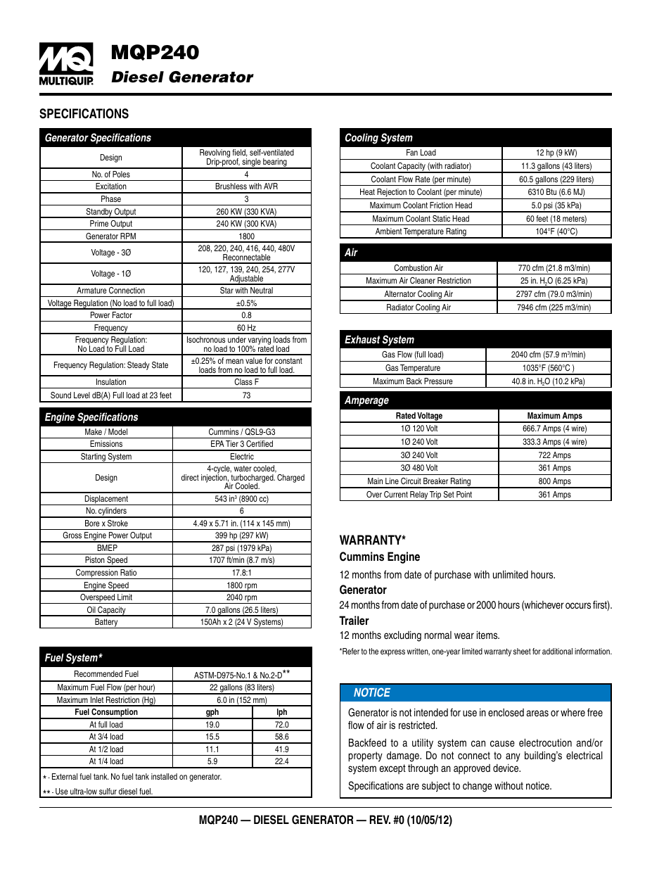 Mqp240, Diesel generator, Specifications | Warranty, Cummins engine, Generator, Trailer | Multiquip Diesel Generator MQP240 User Manual | Page 2 / 4