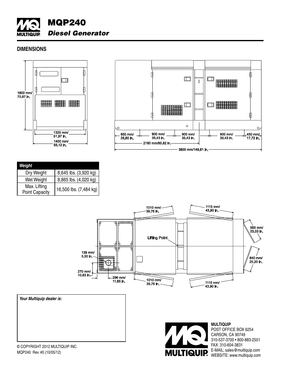 Mqp240, Diesel generator, Dimensions | Multiquip Diesel Generator MQP240 User Manual | Page 4 / 4