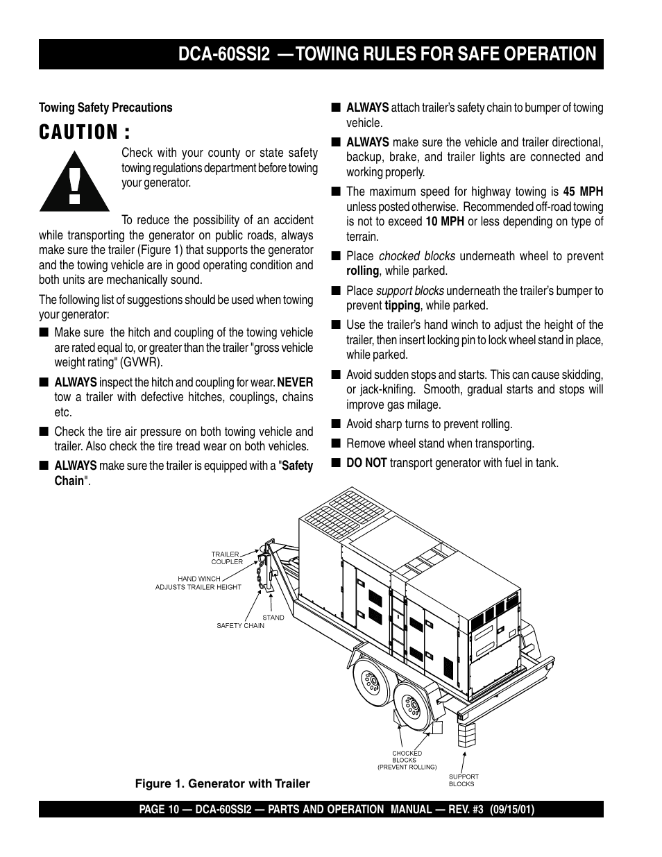 Caution, Dca-60ssi2 — towing rules for safe operation | Multiquip MQ Power Whisperwatt Generator DCA-60SS12 User Manual | Page 10 / 164