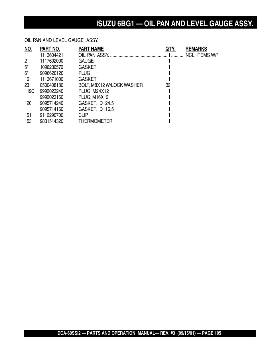 Isuzu 6bg1 — oil pan and level gauge assy | Multiquip MQ Power Whisperwatt Generator DCA-60SS12 User Manual | Page 105 / 164