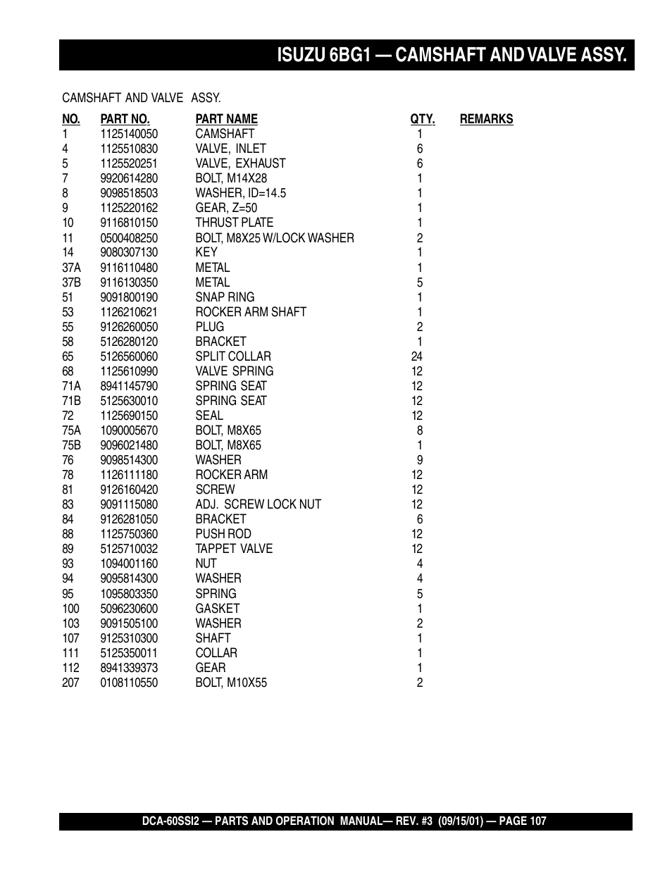 Isuzu 6bg1 — camshaft and valve assy | Multiquip MQ Power Whisperwatt Generator DCA-60SS12 User Manual | Page 107 / 164