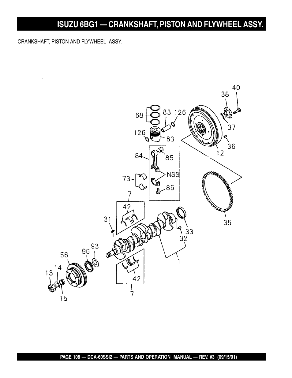 Isuzu 6bg1 — crankshaft, piston and flywheel assy | Multiquip MQ Power Whisperwatt Generator DCA-60SS12 User Manual | Page 108 / 164