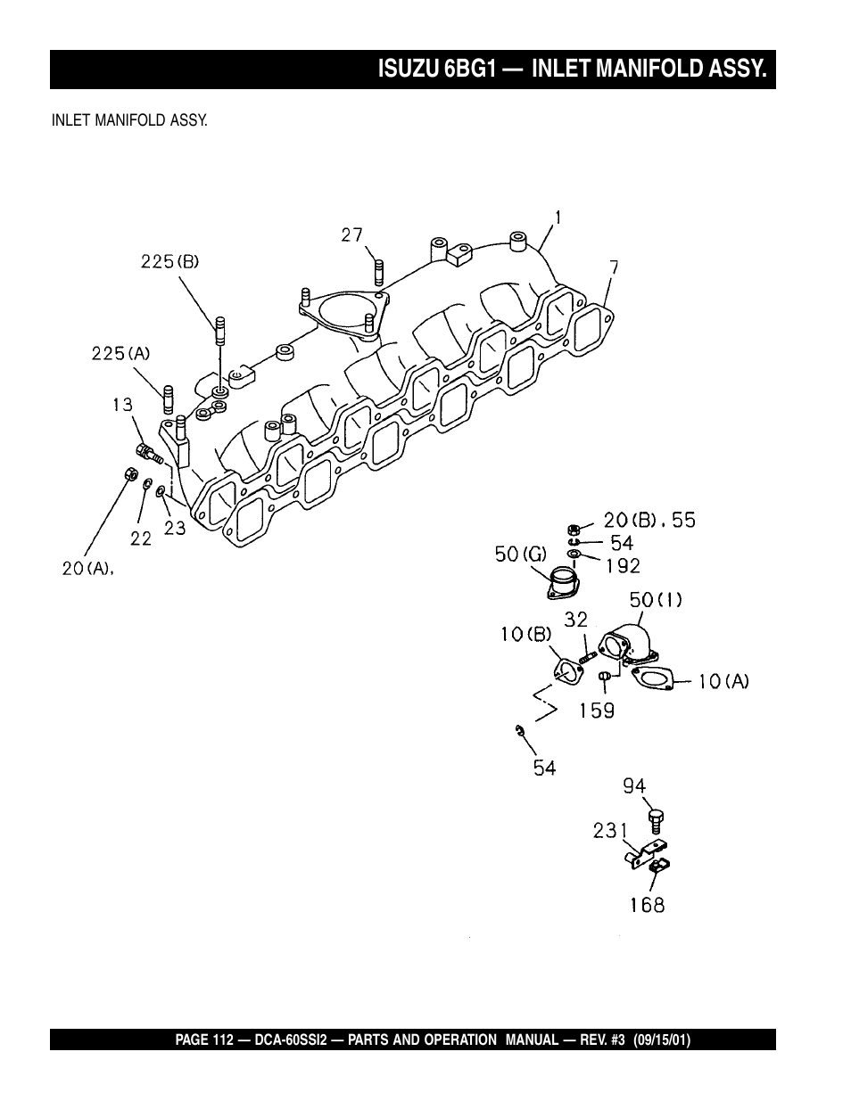 Isuzu 6bg1 — inlet manifold assy | Multiquip MQ Power Whisperwatt Generator DCA-60SS12 User Manual | Page 112 / 164