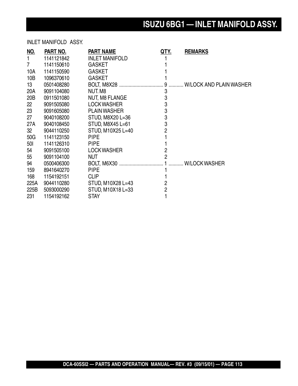 Isuzu 6bg1 — inlet manifold assy | Multiquip MQ Power Whisperwatt Generator DCA-60SS12 User Manual | Page 113 / 164
