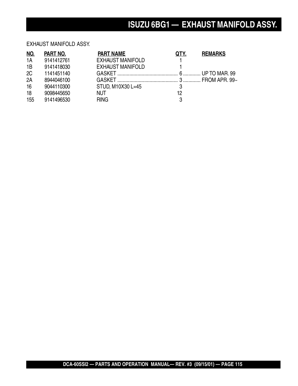 Isuzu 6bg1 — exhaust manifold assy | Multiquip MQ Power Whisperwatt Generator DCA-60SS12 User Manual | Page 115 / 164