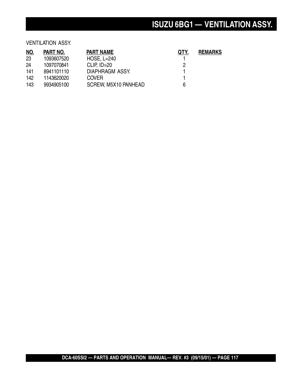 Isuzu 6bg1 — ventilation assy | Multiquip MQ Power Whisperwatt Generator DCA-60SS12 User Manual | Page 117 / 164