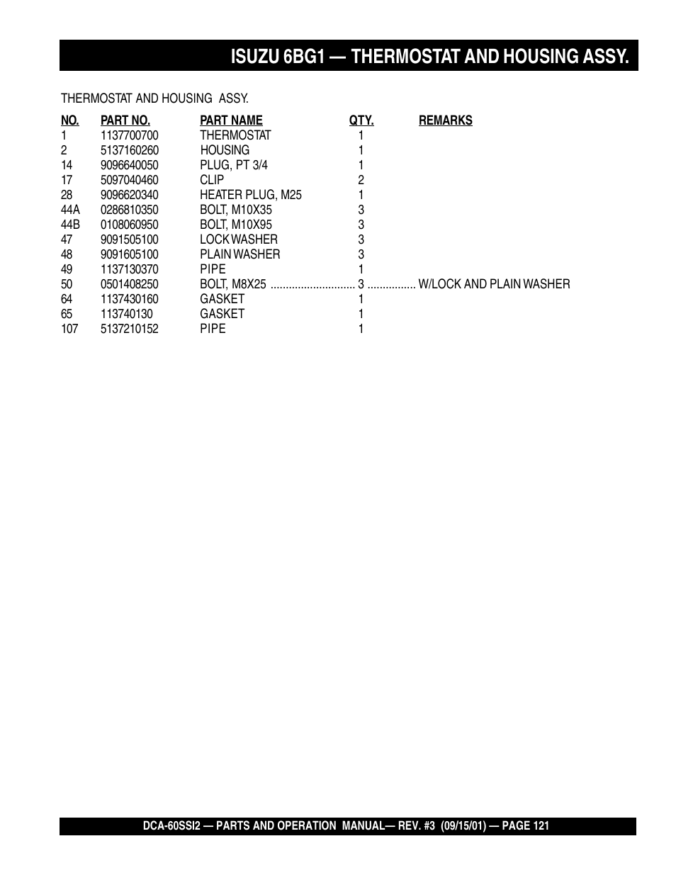 Isuzu 6bg1 — thermostat and housing assy | Multiquip MQ Power Whisperwatt Generator DCA-60SS12 User Manual | Page 121 / 164