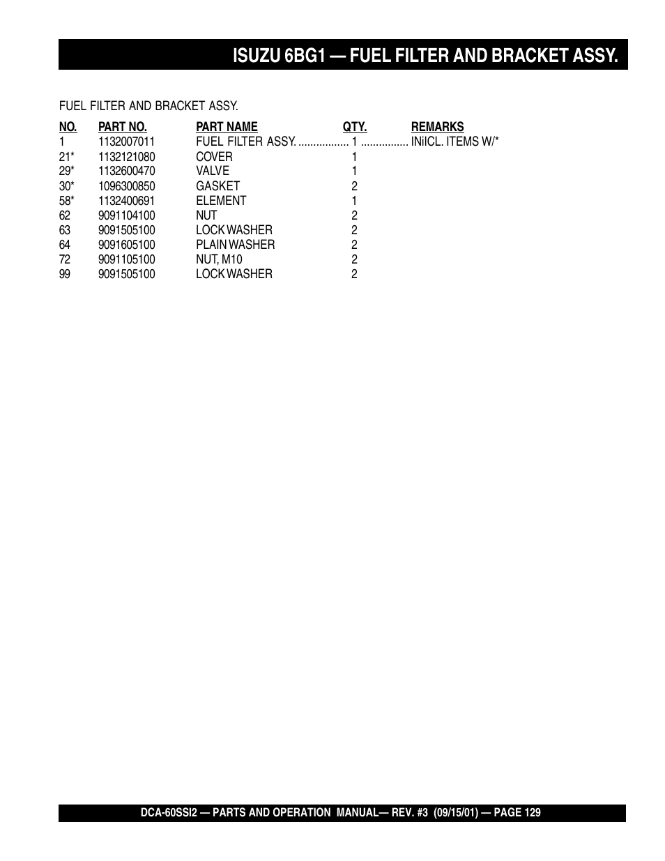 Isuzu 6bg1 — fuel filter and bracket assy | Multiquip MQ Power Whisperwatt Generator DCA-60SS12 User Manual | Page 129 / 164