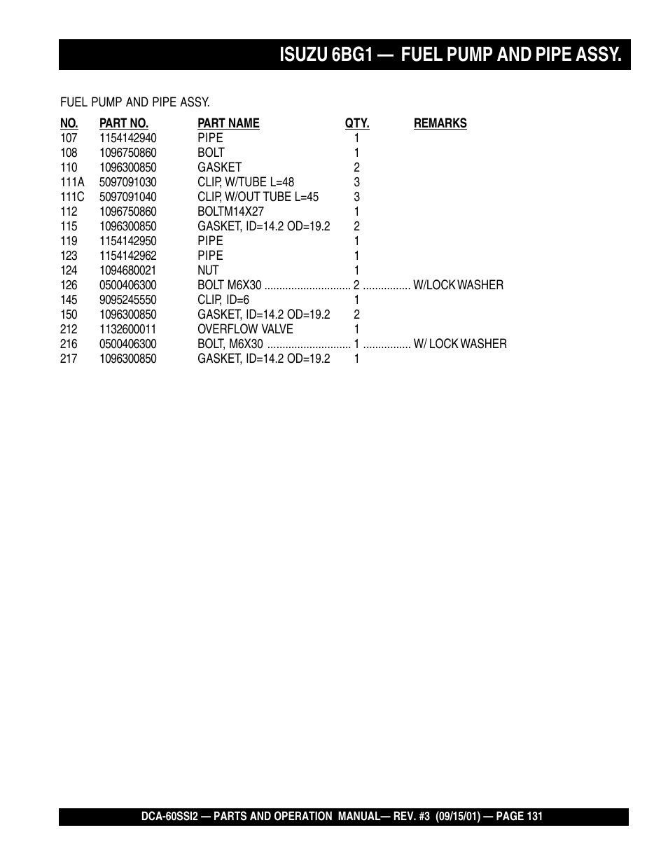Isuzu 6bg1 — fuel pump and pipe assy | Multiquip MQ Power Whisperwatt Generator DCA-60SS12 User Manual | Page 131 / 164