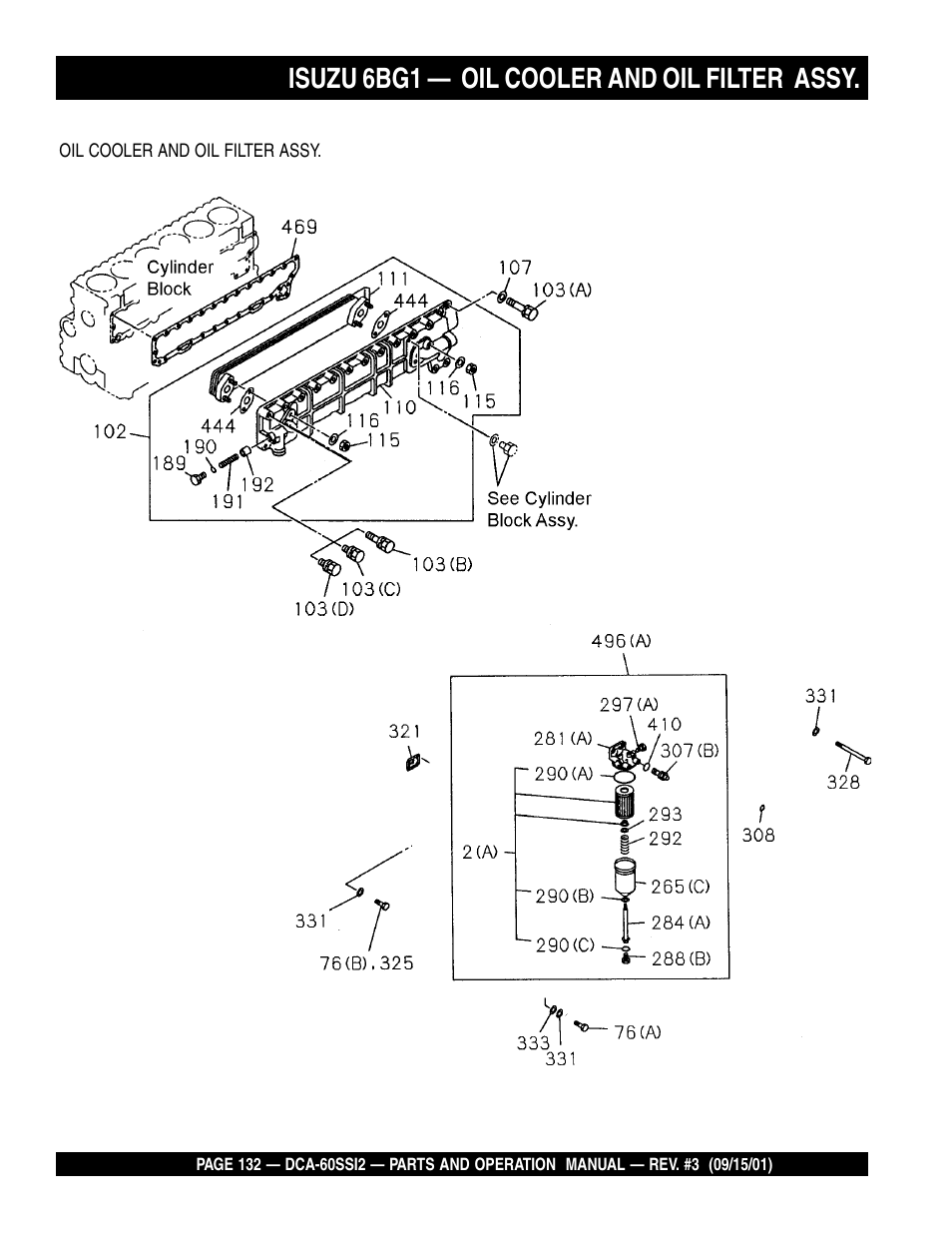 Isuzu 6bg1 — oil cooler and oil filter assy | Multiquip MQ Power Whisperwatt Generator DCA-60SS12 User Manual | Page 132 / 164