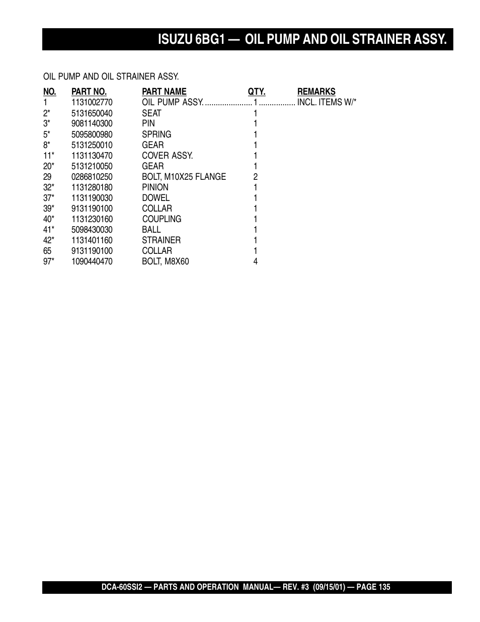 Isuzu 6bg1 — oil pump and oil strainer assy | Multiquip MQ Power Whisperwatt Generator DCA-60SS12 User Manual | Page 135 / 164