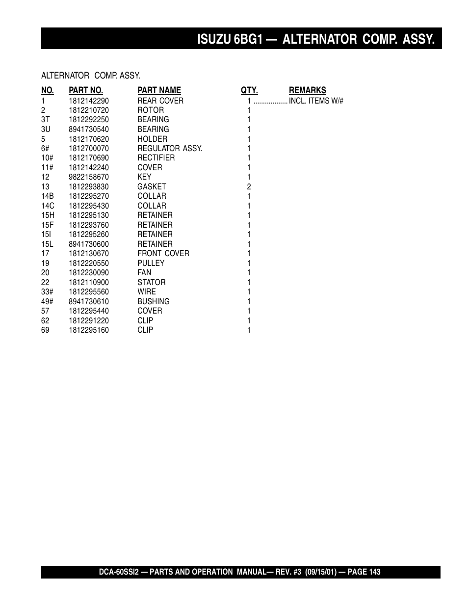 Isuzu 6bg1 — alternator comp. assy | Multiquip MQ Power Whisperwatt Generator DCA-60SS12 User Manual | Page 143 / 164