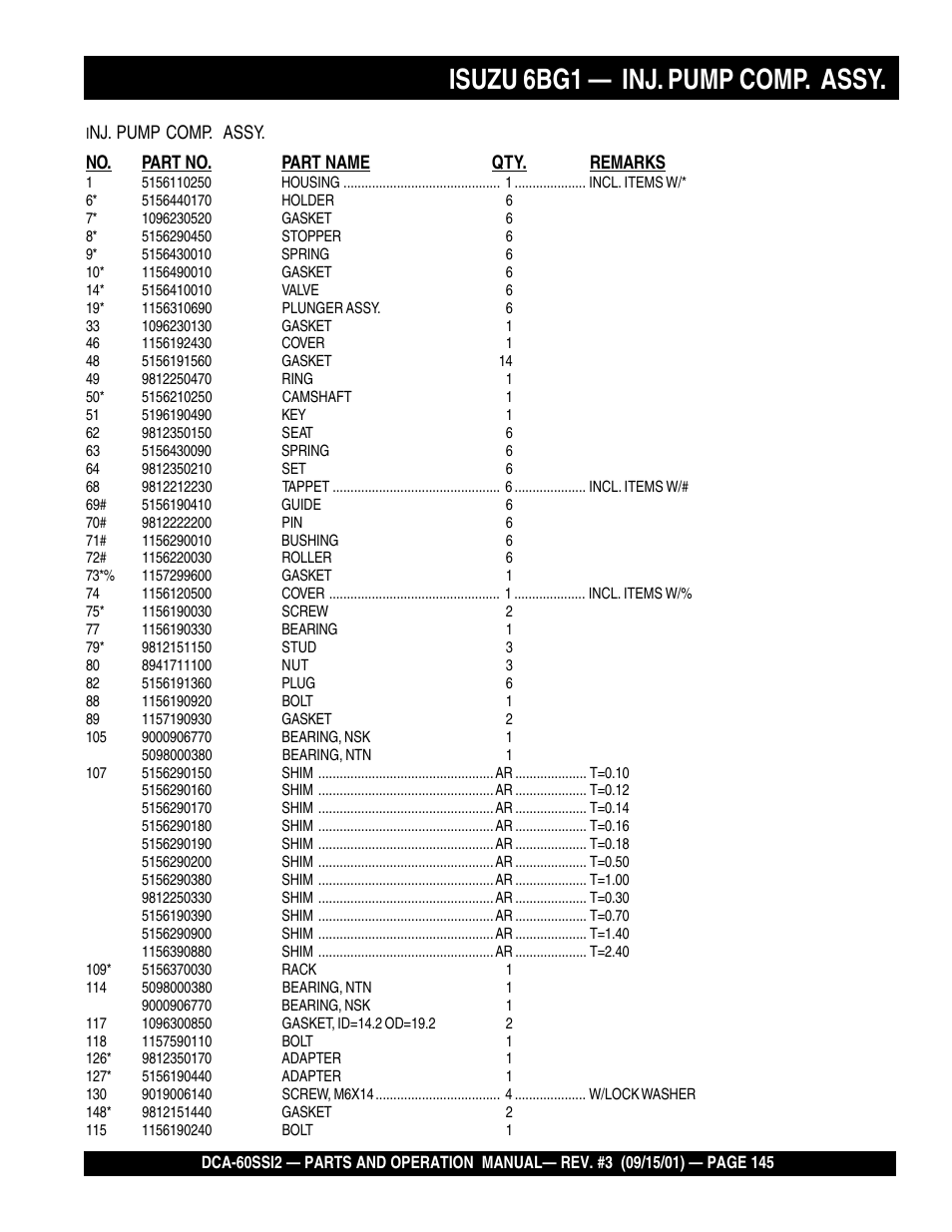 Isuzu 6bg1 — inj. pump comp. assy | Multiquip MQ Power Whisperwatt Generator DCA-60SS12 User Manual | Page 145 / 164