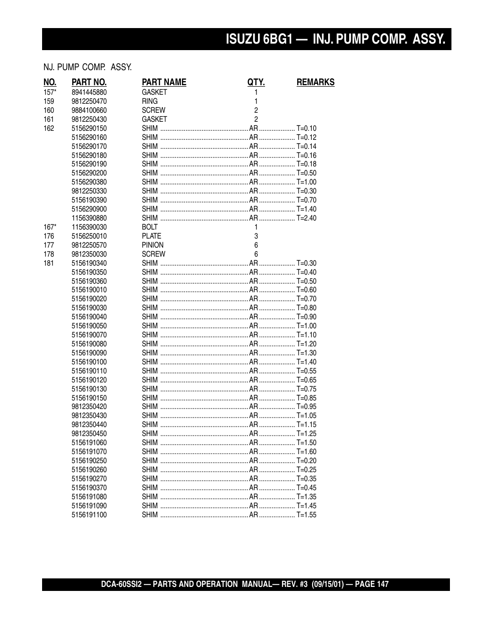 Isuzu 6bg1 — inj. pump comp. assy | Multiquip MQ Power Whisperwatt Generator DCA-60SS12 User Manual | Page 147 / 164