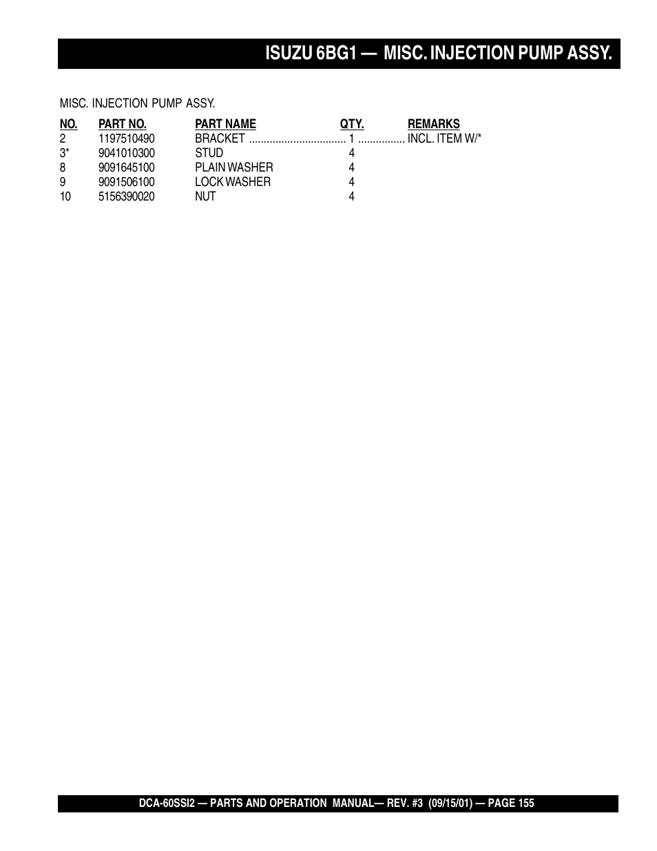 Isuzu 6bg1 — misc. injection pump assy | Multiquip MQ Power Whisperwatt Generator DCA-60SS12 User Manual | Page 155 / 164