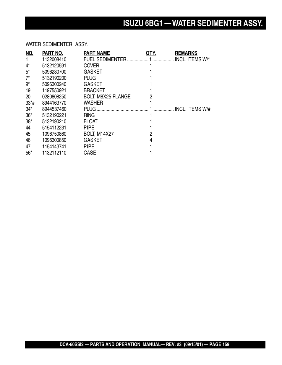 Isuzu 6bg1 — water sedimenter assy | Multiquip MQ Power Whisperwatt Generator DCA-60SS12 User Manual | Page 159 / 164