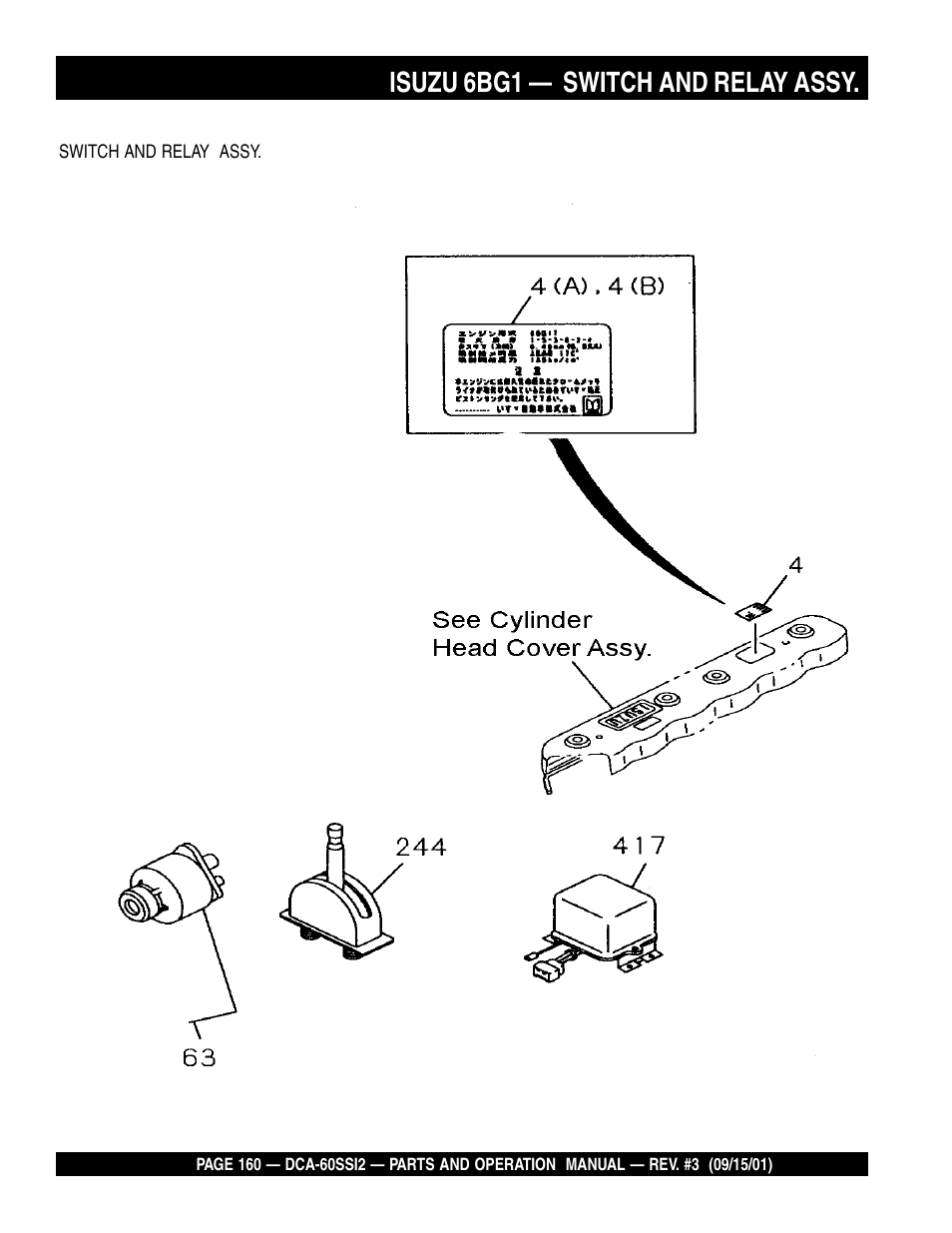 Isuzu 6bg1 — switch and relay assy | Multiquip MQ Power Whisperwatt Generator DCA-60SS12 User Manual | Page 160 / 164
