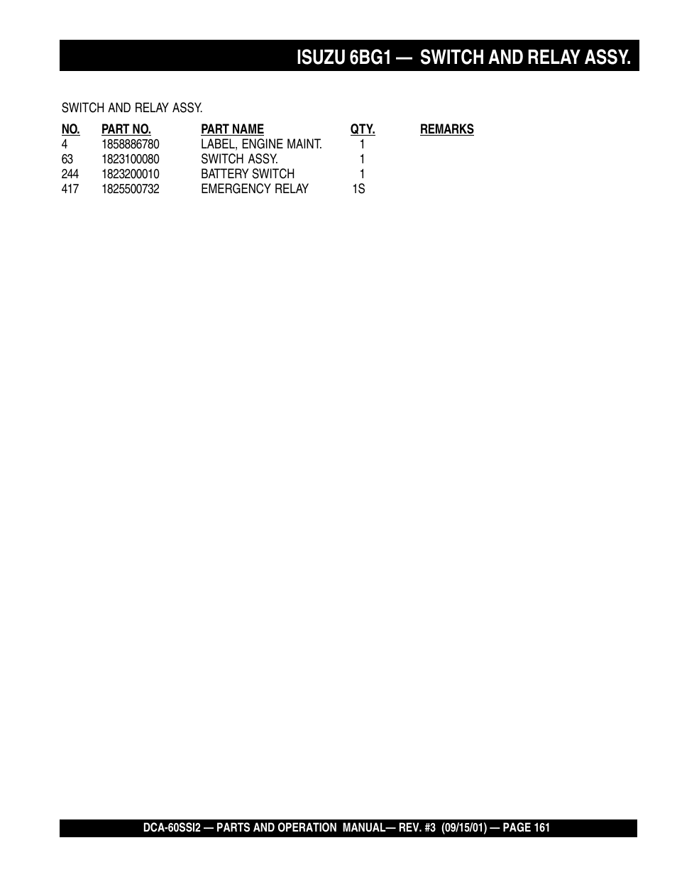 Isuzu 6bg1 — switch and relay assy | Multiquip MQ Power Whisperwatt Generator DCA-60SS12 User Manual | Page 161 / 164