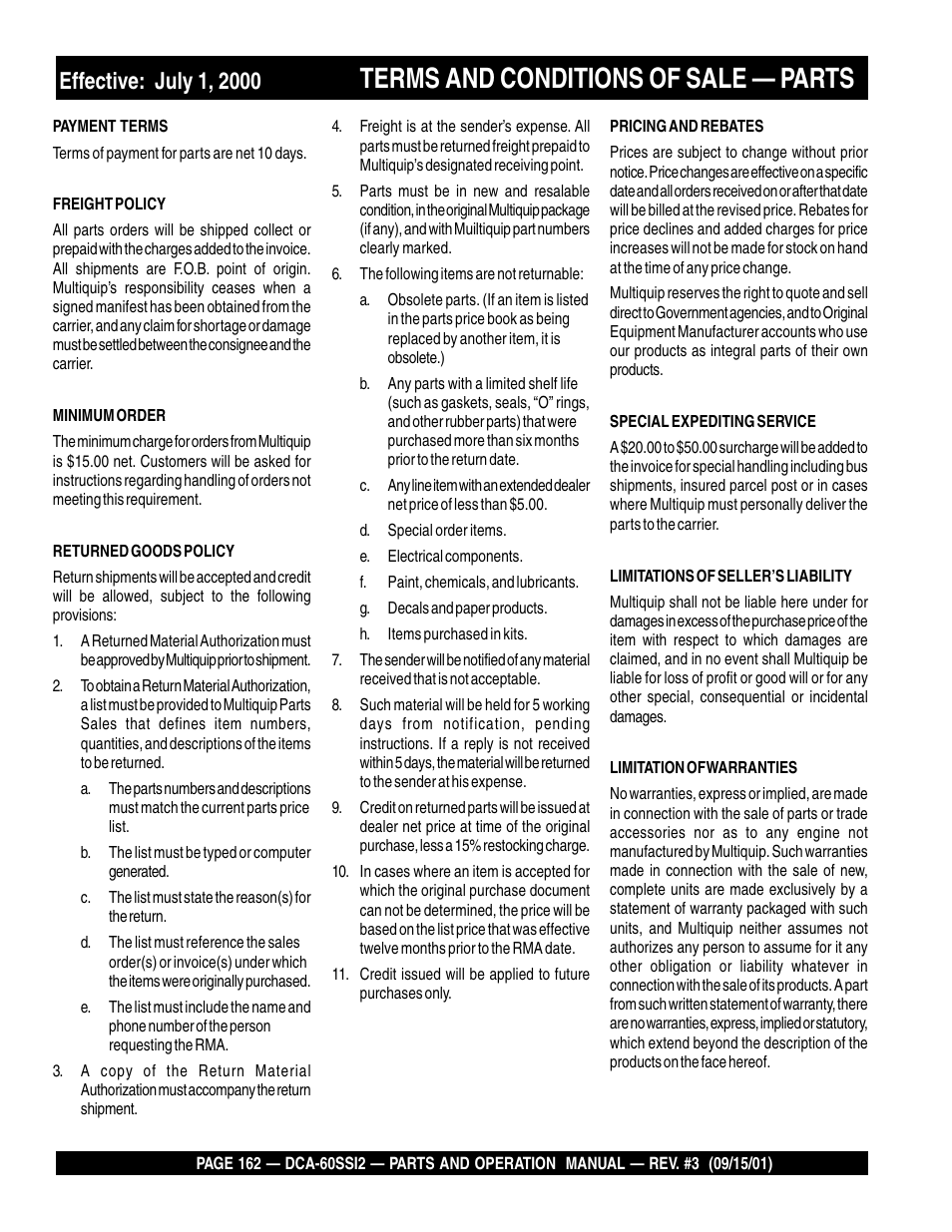 Terms and conditions of sale — parts | Multiquip MQ Power Whisperwatt Generator DCA-60SS12 User Manual | Page 162 / 164